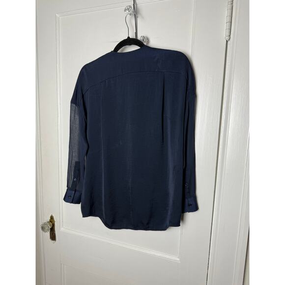 Vince Silk Blend Navy Blue Sheer Flowy Relaxed V-neck Blouse Top Women's 2 - Picture 8 of 8